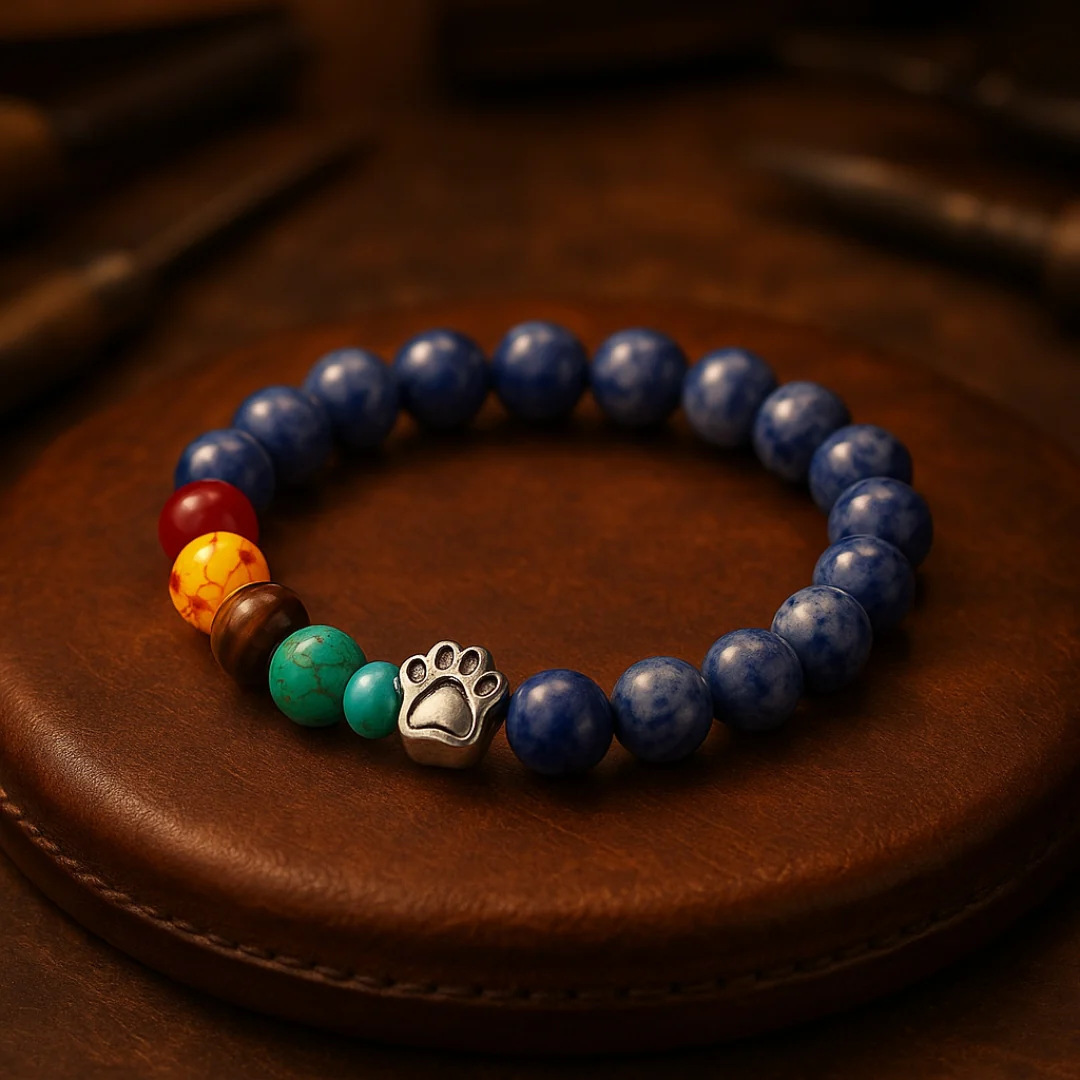Natural Stone Seven-Color Stone Silver Dog Paw Bracelet