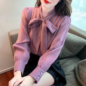 High-end bow chiffon long-sleeved shirt women's autumn new versatile western style shirt autumn top