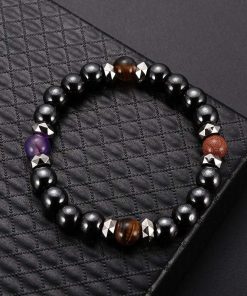 8mm Black Tourmaline Bracelet With Cinnabar And Amethyst Stones